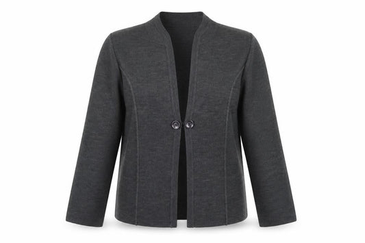 Front view of TIGI women’s grey v-neck acrylic cardigan jumper, size UK 12