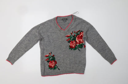 Primark Womens Grey V-Neck Floral Acrylic Pullover Jumper Size XS