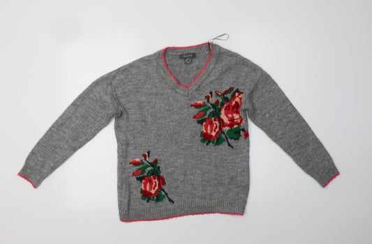 Primark Womens Grey V-Neck Floral Acrylic Pullover Jumper Size XS