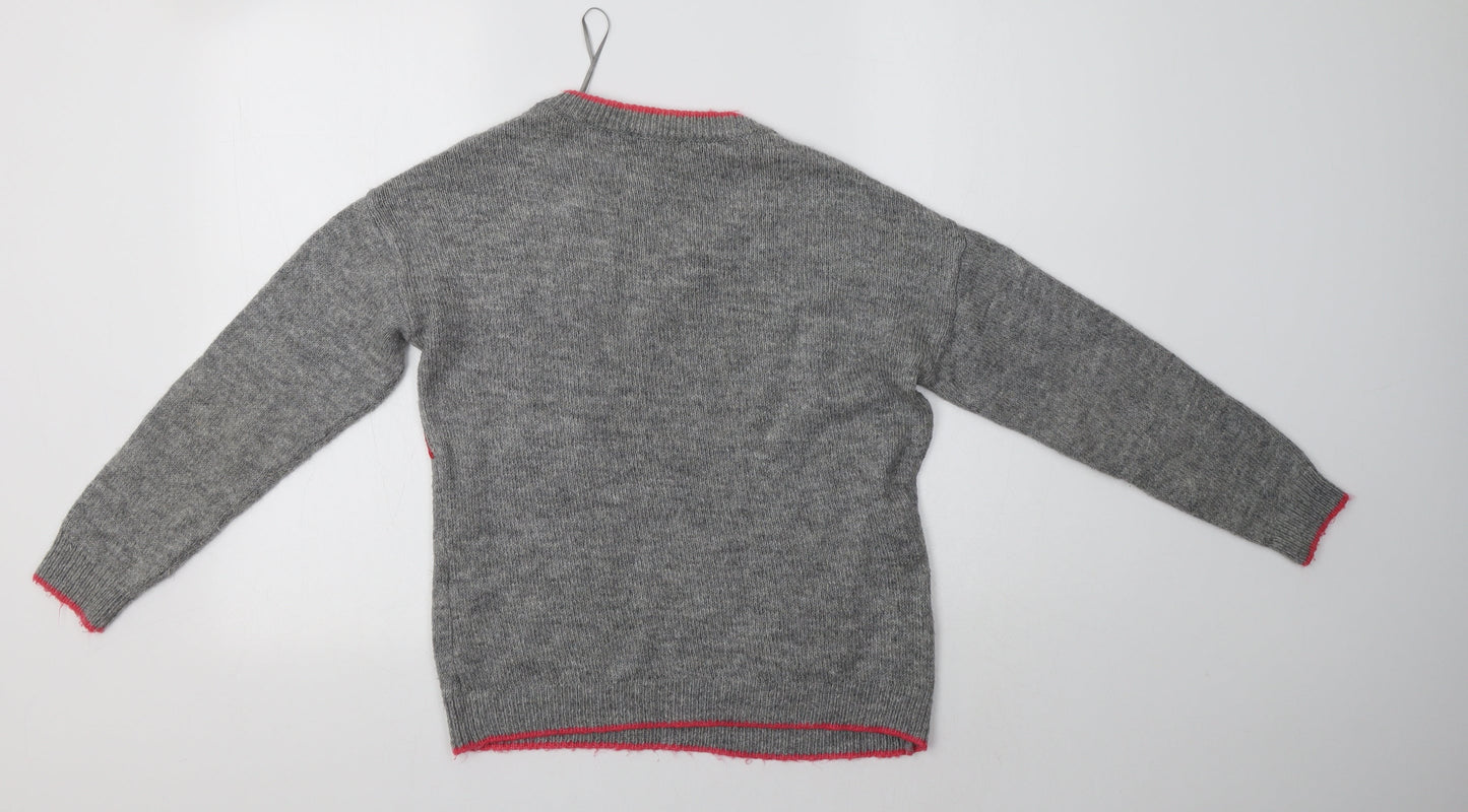 Primark Womens Grey V-Neck Floral Acrylic Pullover Jumper Size XS