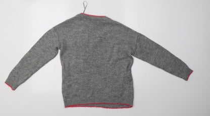 Primark Womens Grey V-Neck Floral Acrylic Pullover Jumper Size XS