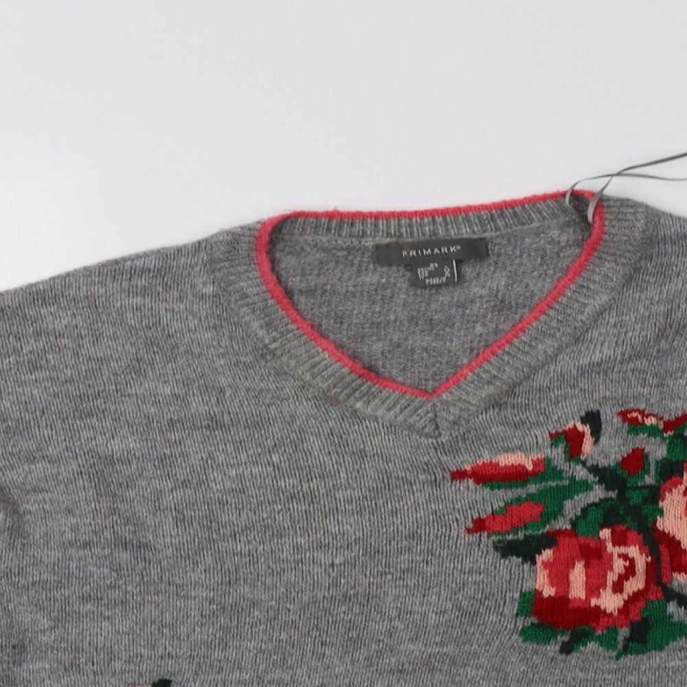 Primark Womens Grey V-Neck Floral Acrylic Pullover Jumper Size XS