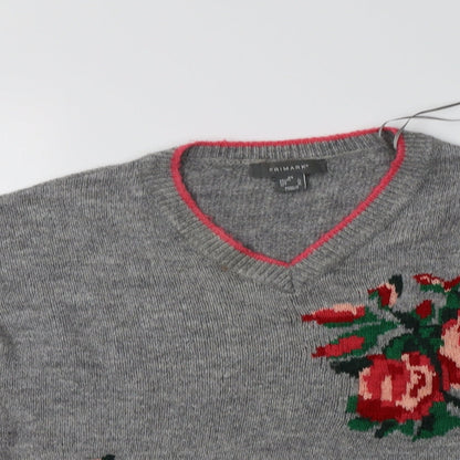 Primark Womens Grey V-Neck Floral Acrylic Pullover Jumper Size XS