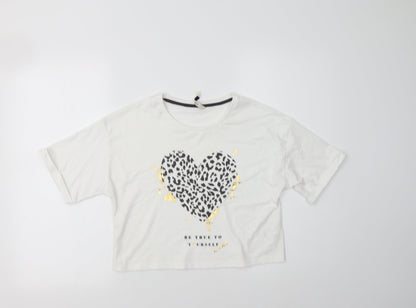 George Girls White Animal Print Cotton Basic T-Shirt Size 11-12 Years Crew Neck  - Heart