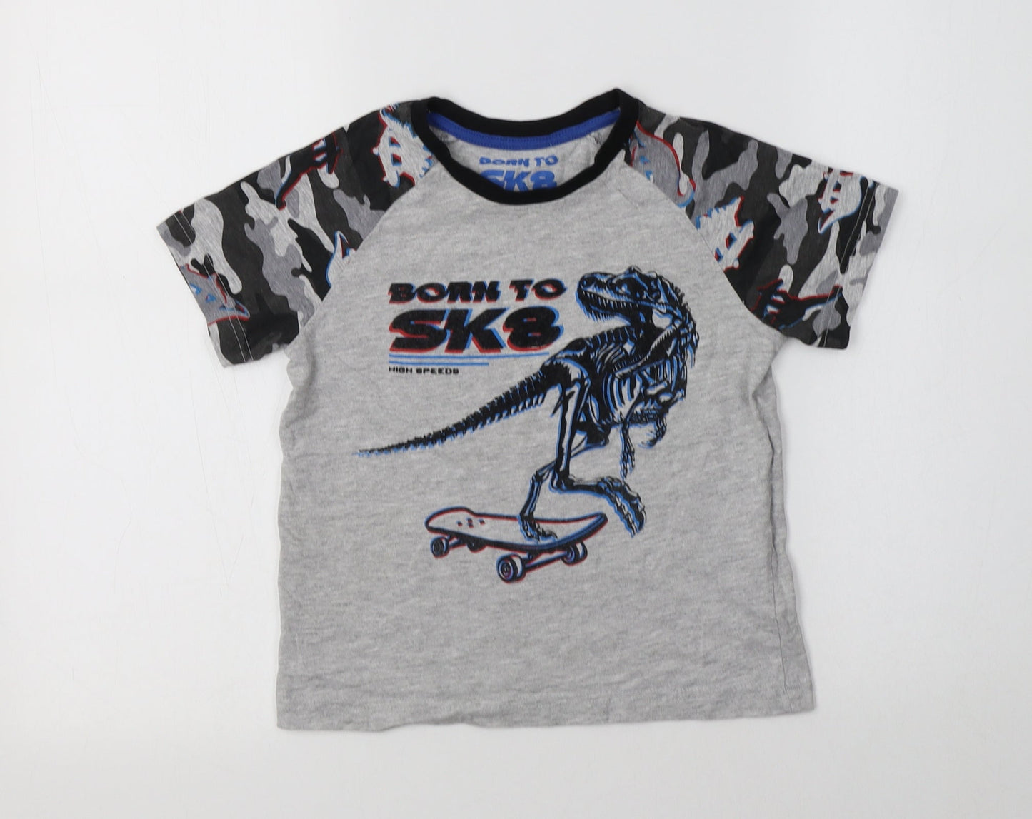 Matalan Boys Grey Camouflage Cotton Basic T-Shirt Size 7 Years Crew Neck  - Dino