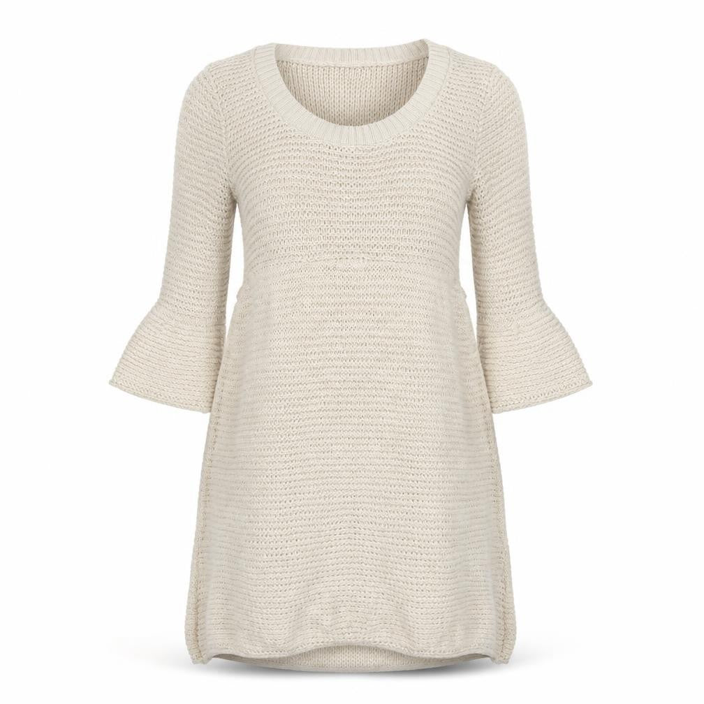 Front view of Topshop women’s beige acrylic basic t-shirt, size UK 8, scoop neck