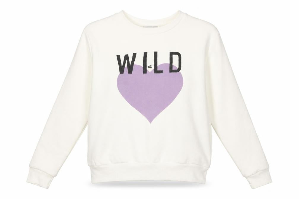 Front view of Primark women’s white cotton pullover sweatshirt, size UK 8, - wild at love