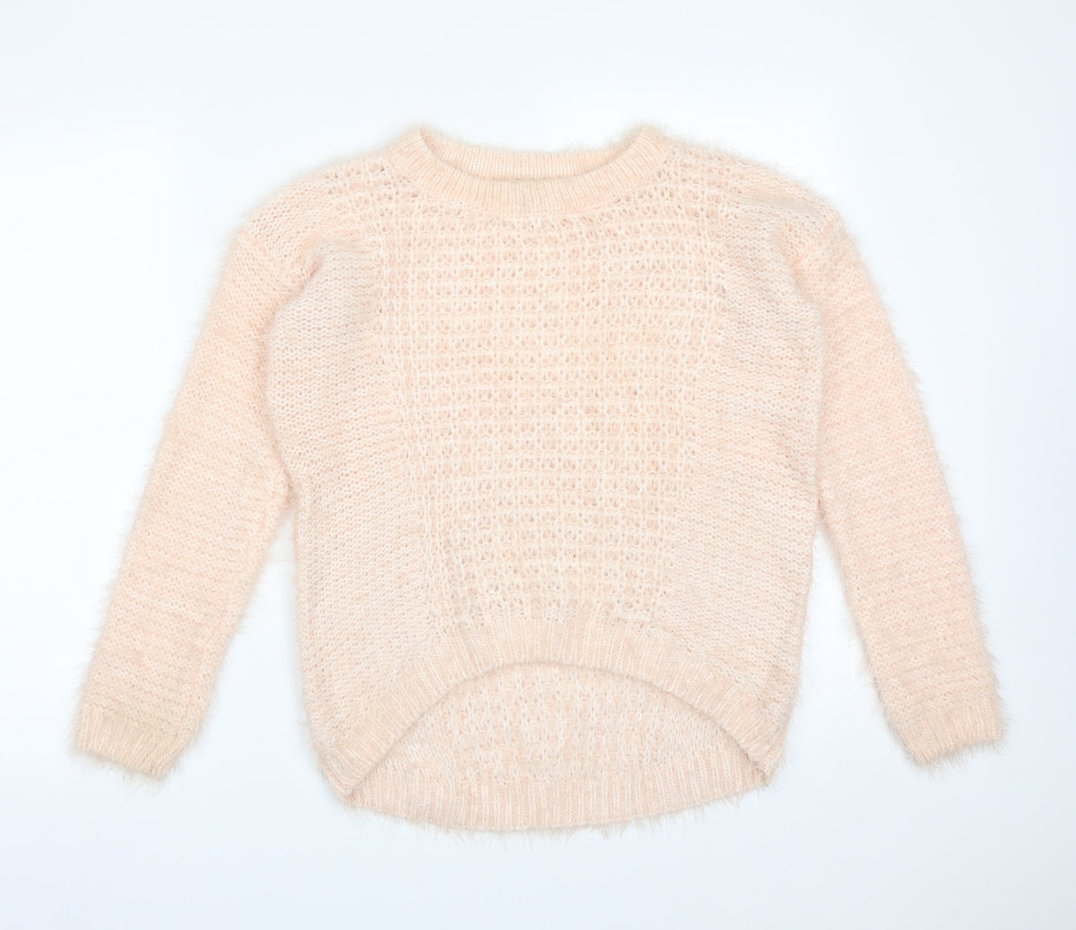 Front view of New Look women’s pink acrylic pullover sweatshirt, size UK 8