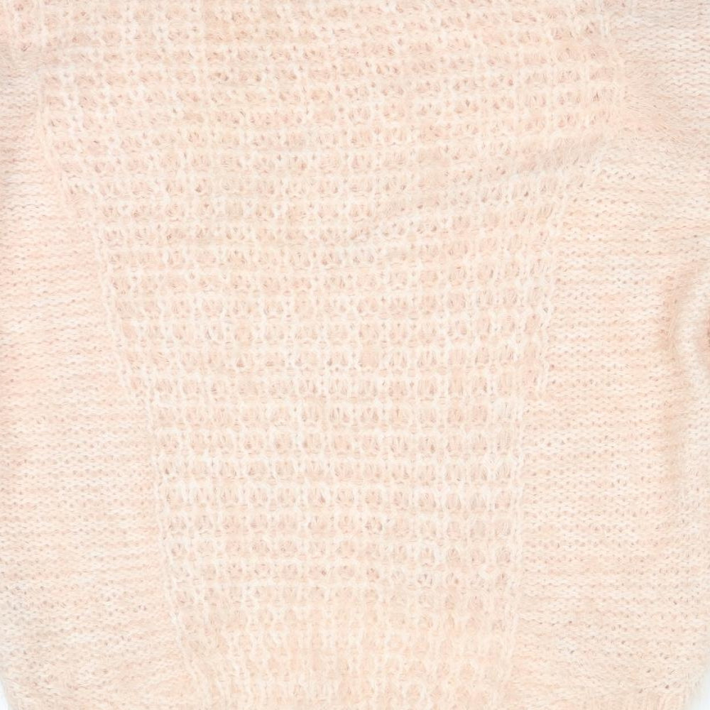 Brand and care label for New Look women’s pink acrylic pullover sweatshirt, size UK 8