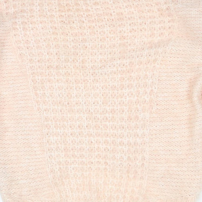 Brand and care label for New Look women’s pink acrylic pullover sweatshirt, size UK 8