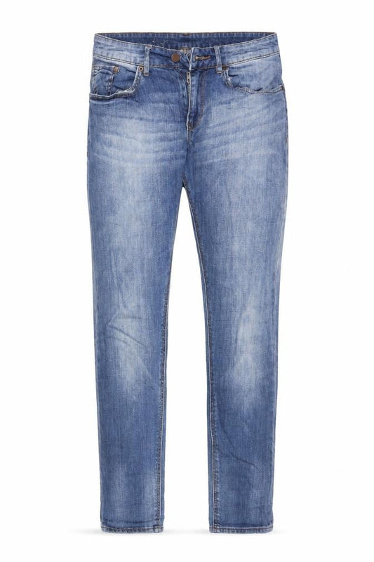 Front view of H&M women’s blue cotton boyfriend jeans, size UK 25, 32-inch leg regular