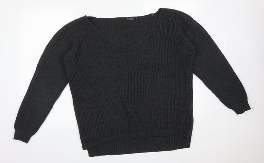 Boohoo Womens Grey V-Neck  Acrylic Pullover Jumper Size L
