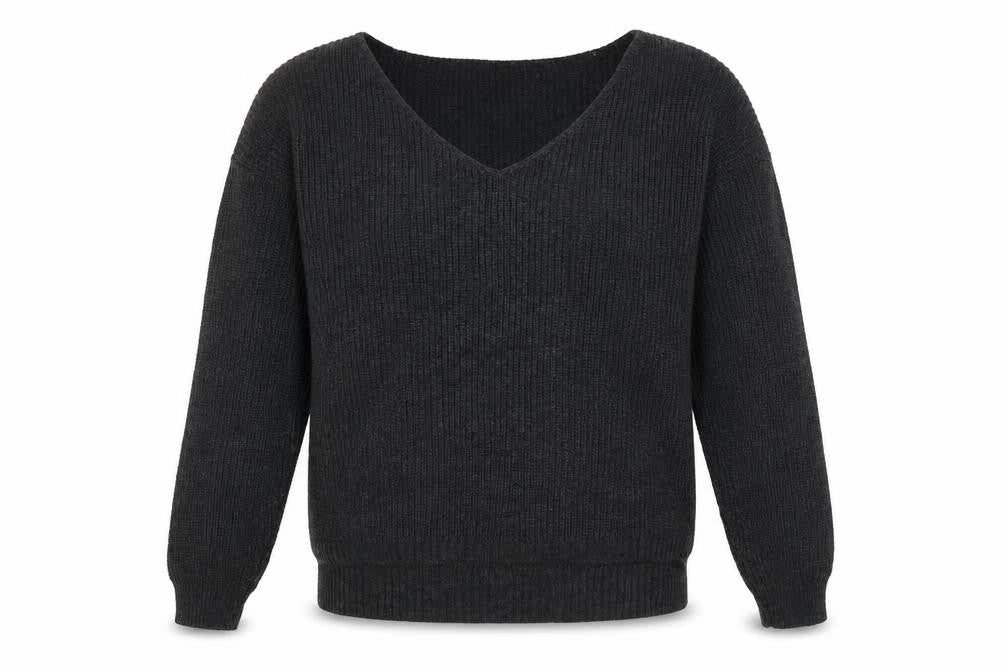 Front view of Boohoo women’s grey v-neck acrylic jumper, size L
