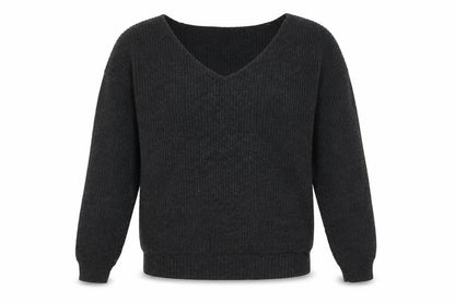 Front view of Boohoo women’s grey v-neck acrylic jumper, size L