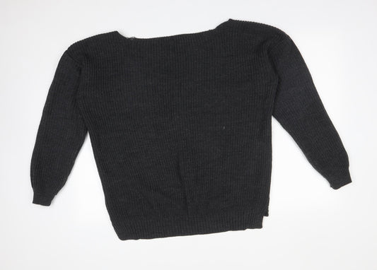 Boohoo Womens Grey V-Neck  Acrylic Pullover Jumper Size L