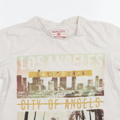 Close-up detail of Matalan boys’ white cotton basic t-shirt, size 11, years round neck