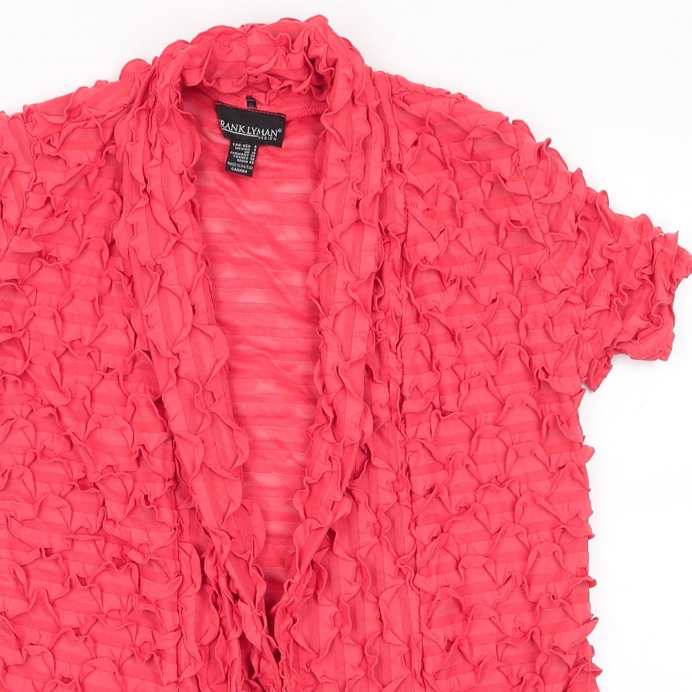 Close-up detail of Rank Lyman women’s orange jacket, size UK 10, - ruffled stripes