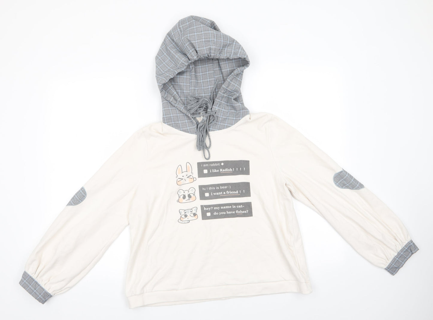 Unbl Womens Ivory Animal Print  Pullover Hoodie Size M   - I am a Rabbit I like Radish! Fabric Hood Cuffs Elbow pads