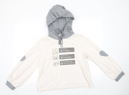 Unbl Womens Ivory Animal Print  Pullover Hoodie Size M   - I am a Rabbit I like Radish! Fabric Hood Cuffs Elbow pads