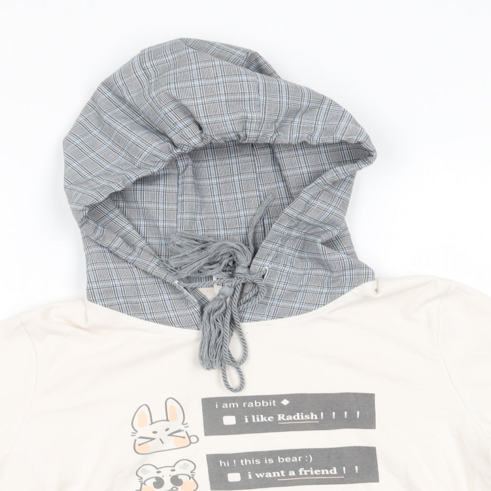 Unbl Womens Ivory Animal Print  Pullover Hoodie Size M   - I am a Rabbit I like Radish! Fabric Hood Cuffs Elbow pads