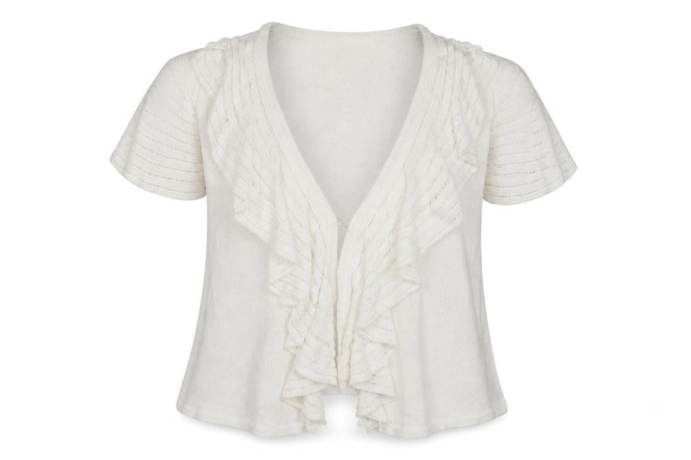 Front view of Marks & Spencer women’s white v-neck flax cardigan jumper, size UK 10, - frilled front hook & eye