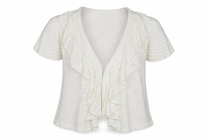 Front view of Marks & Spencer women’s white v-neck flax cardigan jumper, size UK 10, - frilled front hook & eye