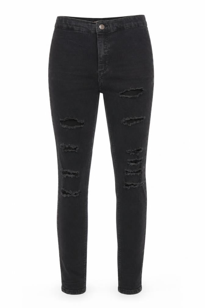 Front view of Topshop women’s black cotton skinny jeans, size UK 26, in, 26-inch leg regular