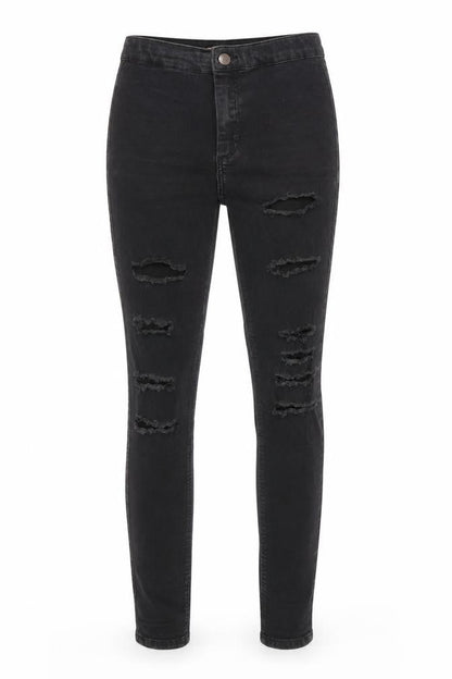 Front view of Topshop women’s black cotton skinny jeans, size UK 26, in, 26-inch leg regular