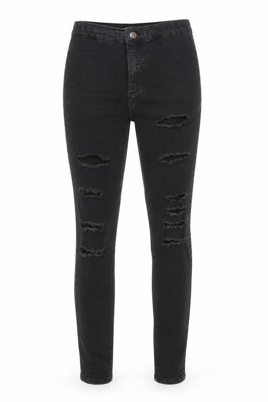 Front view of Topshop women’s black cotton skinny jeans, size UK 26, in, 26-inch leg regular