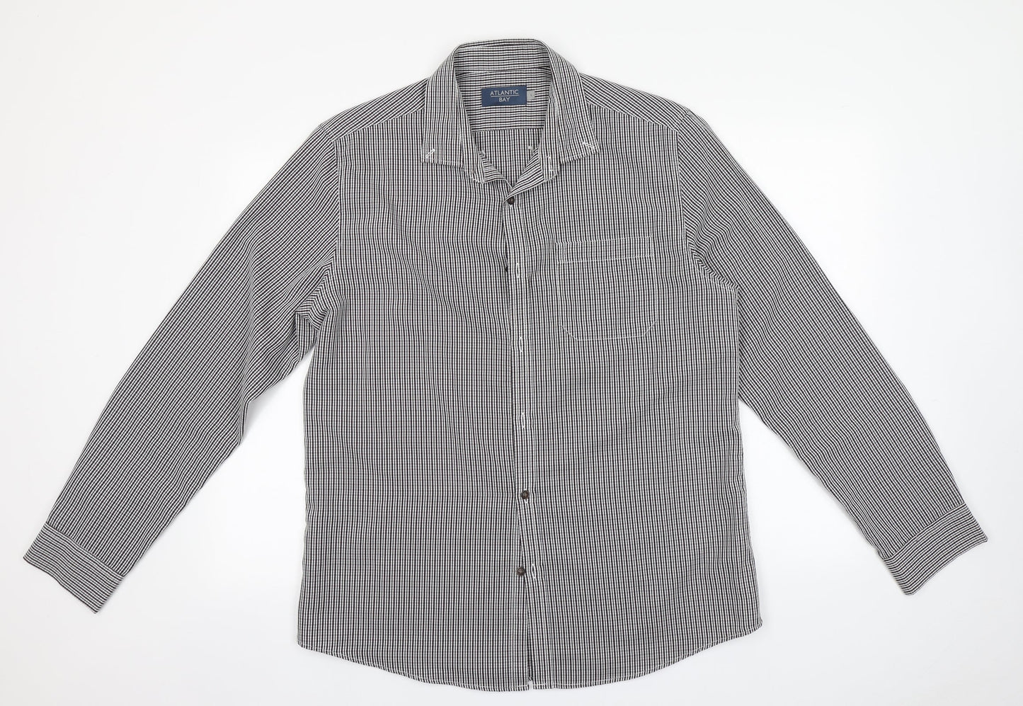 Atlantic Bay Mens Grey Striped Polyester  Button-Up Size L Collared