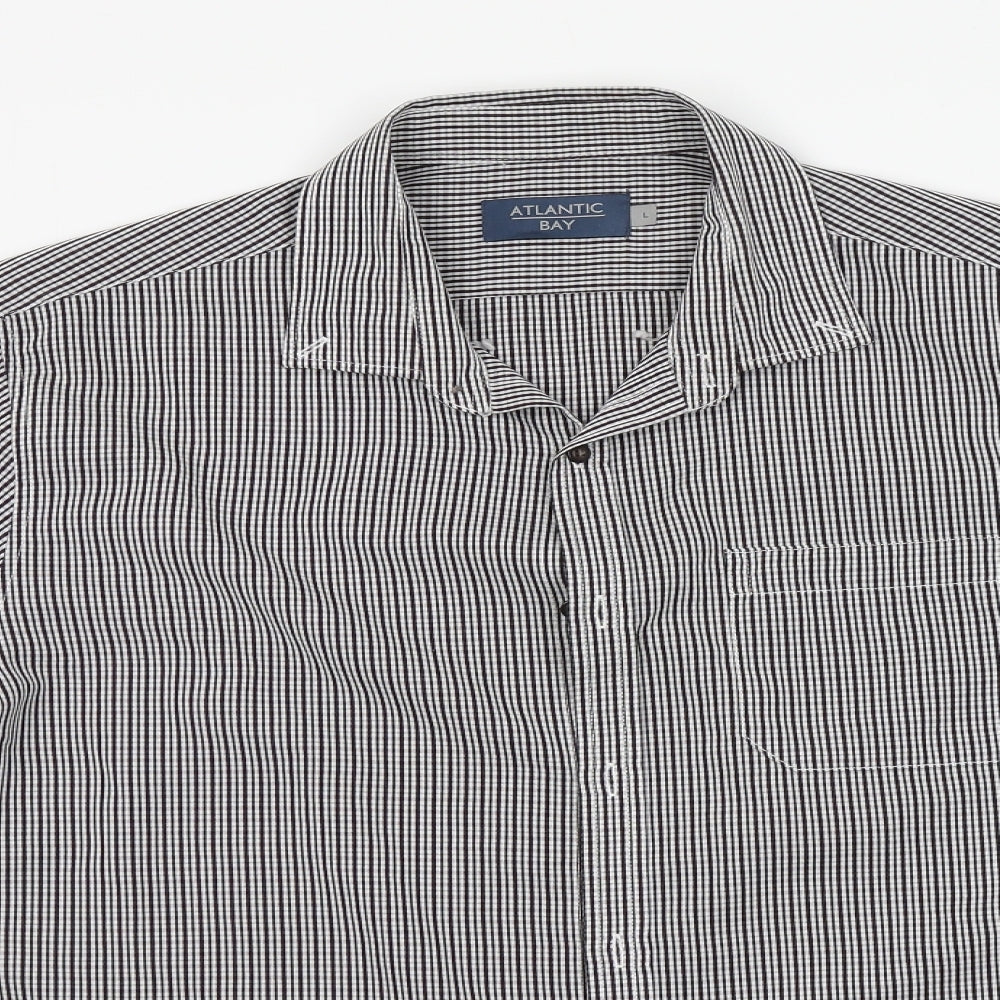 Atlantic Bay Mens Grey Striped Polyester  Button-Up Size L Collared