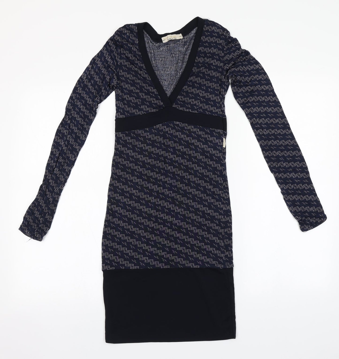 Artigli Womens Blue Geometric Viscose Pencil Dress    V-Neck