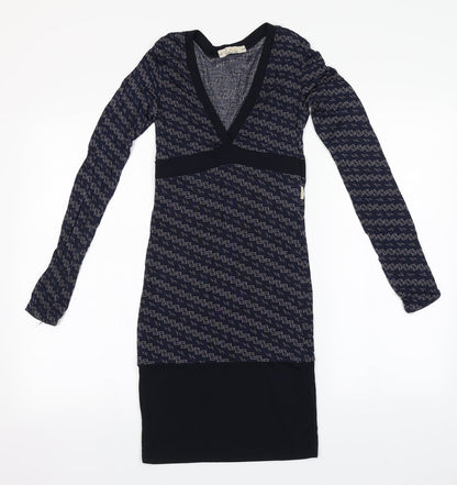 Artigli Womens Blue Geometric Viscose Pencil Dress    V-Neck