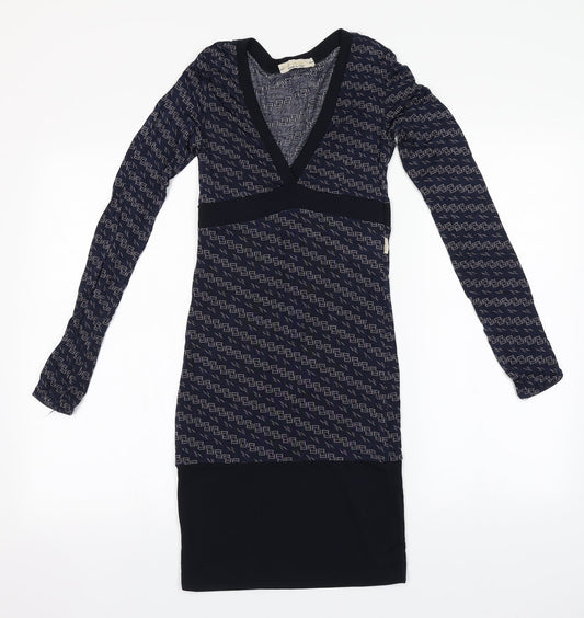 Artigli Womens Blue Geometric Viscose Pencil Dress    V-Neck