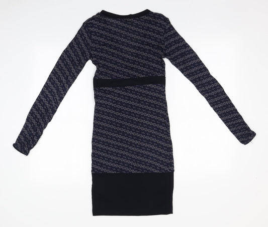 Artigli Womens Blue Geometric Viscose Pencil Dress    V-Neck