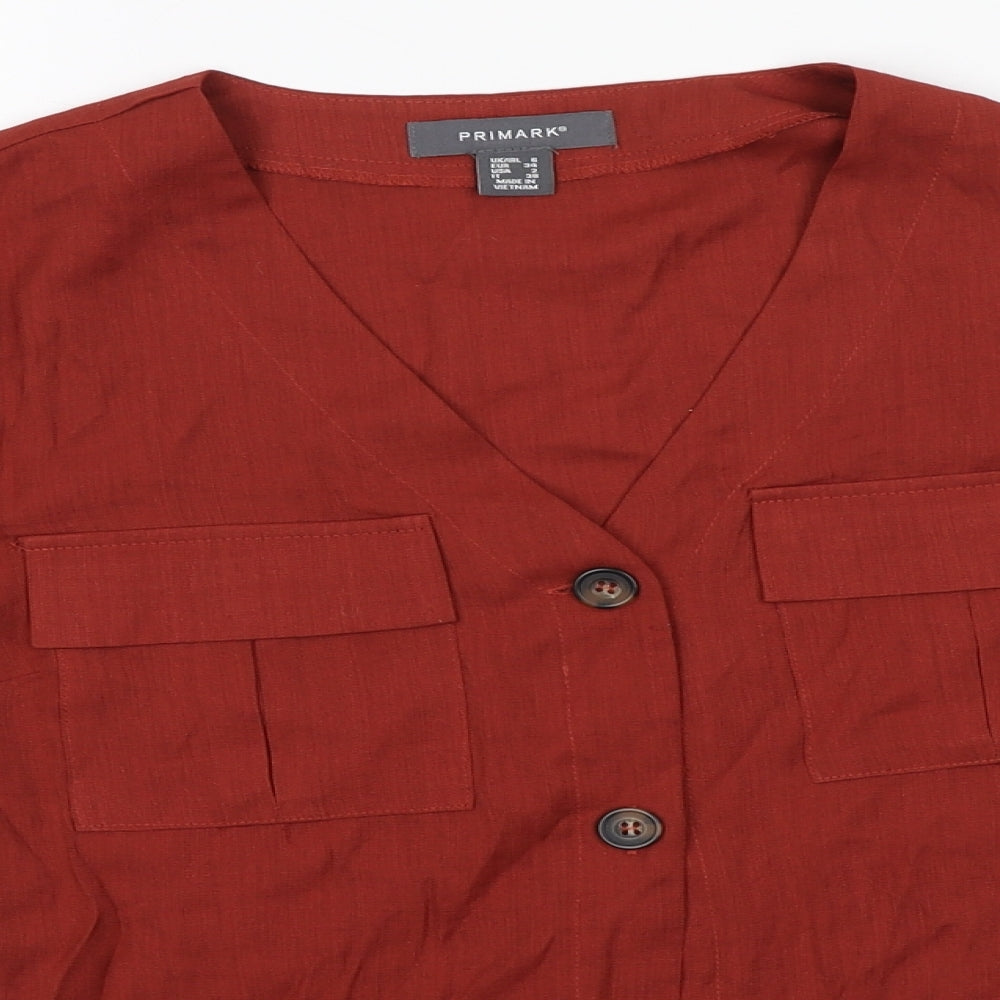 Primark Womens Red  Viscose Basic Button-Up Size 6 V-Neck
