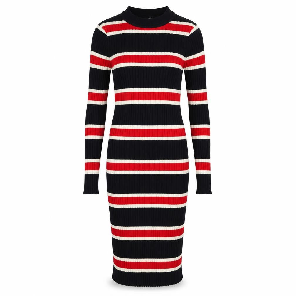 Front view of Divided women’s blue round neck striped cotton jumper, size UK 4