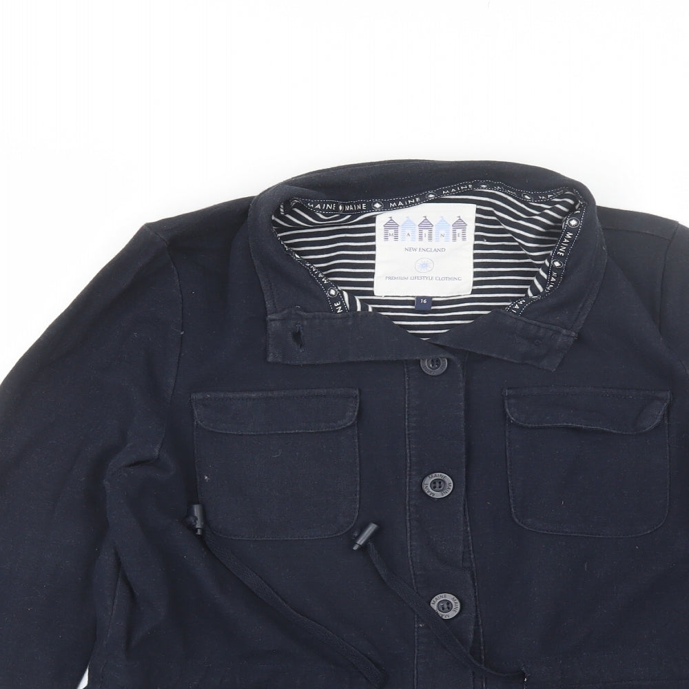 Close-up detail of New England women’s blue jacket, size UK 16