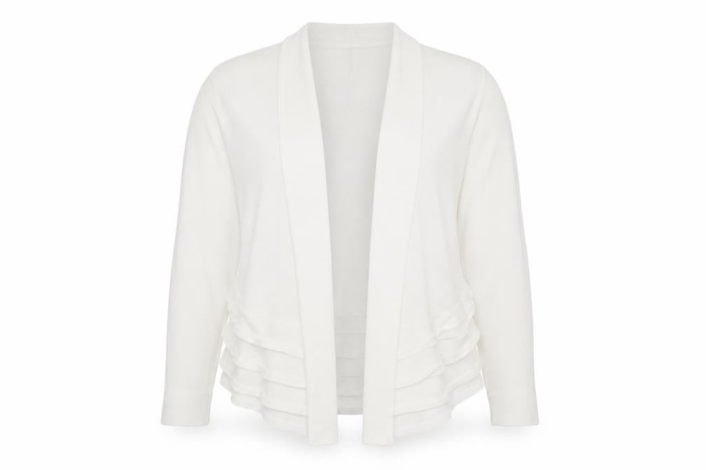 Front view of Linea women’s white v-neck viscose shrug jumper, size L
