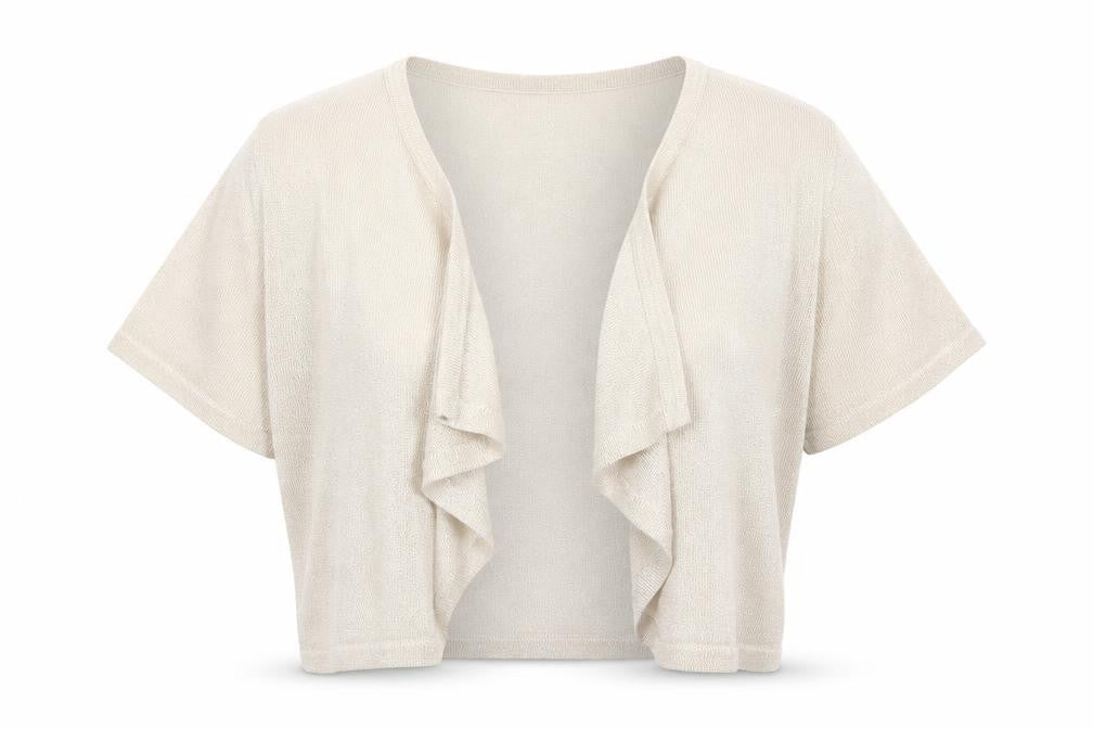 Front view of M&Co women’s beige v-neck viscose shrug jumper, size M