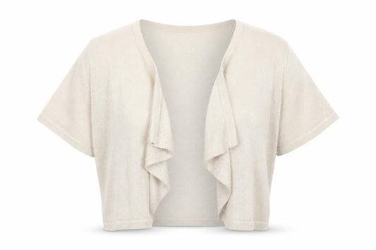Front view of M&Co women’s beige v-neck viscose shrug jumper, size M