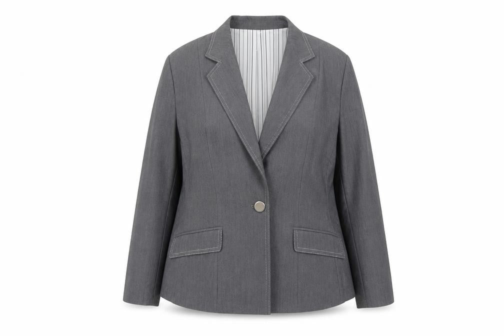 Front view of Suit Studio women’s grey jacket blazer, size UK 18