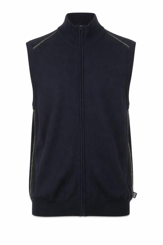 Front view of Marks & Spencer men’s blue high neck acrylic vest jumper, size L
