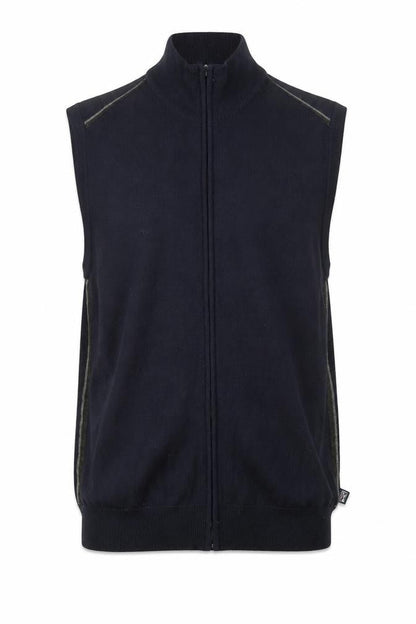 Front view of Marks & Spencer men’s blue high neck acrylic vest jumper, size L