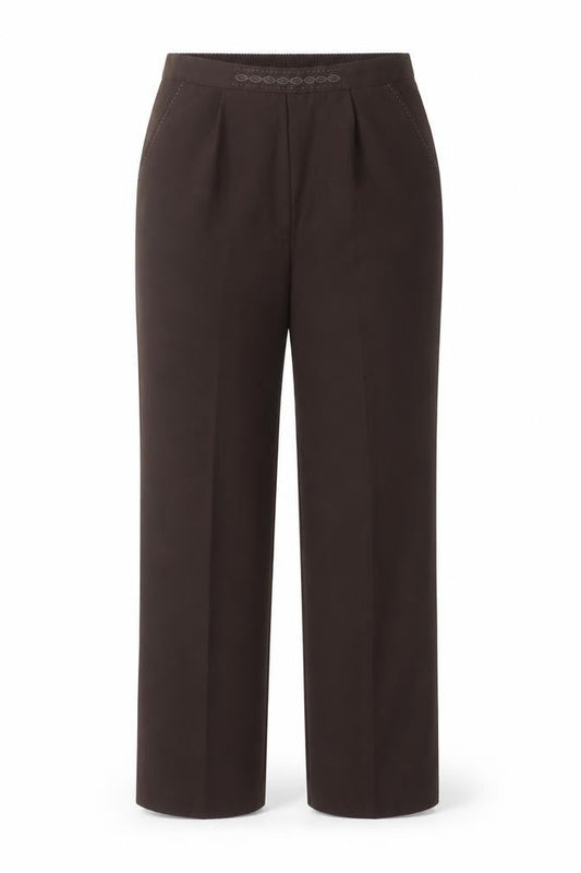 Front view of Bonmarché women’s brown polyester trousers, size S, 27-inch leg regular