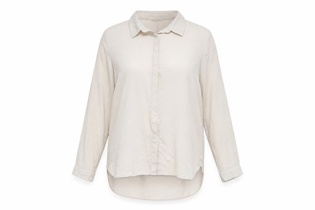 Front view of Iconic women’s brown polyester basic button-up, size UK 16, collared
