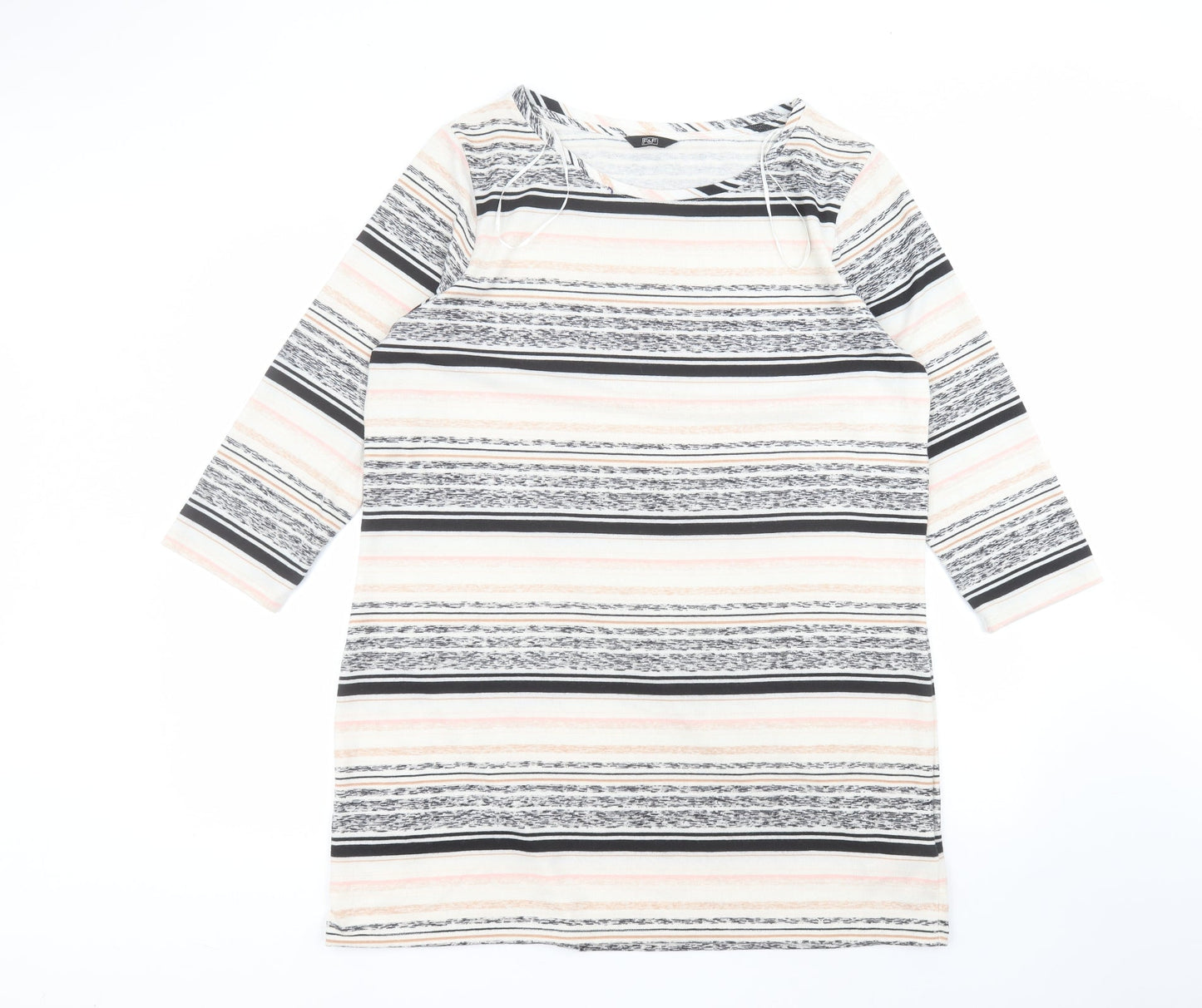 F&F Womens White Striped Polyester Basic T-Shirt Size 12 Round Neck