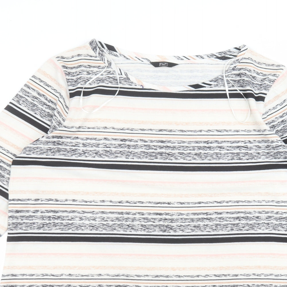 F&F Womens White Striped Polyester Basic T-Shirt Size 12 Round Neck