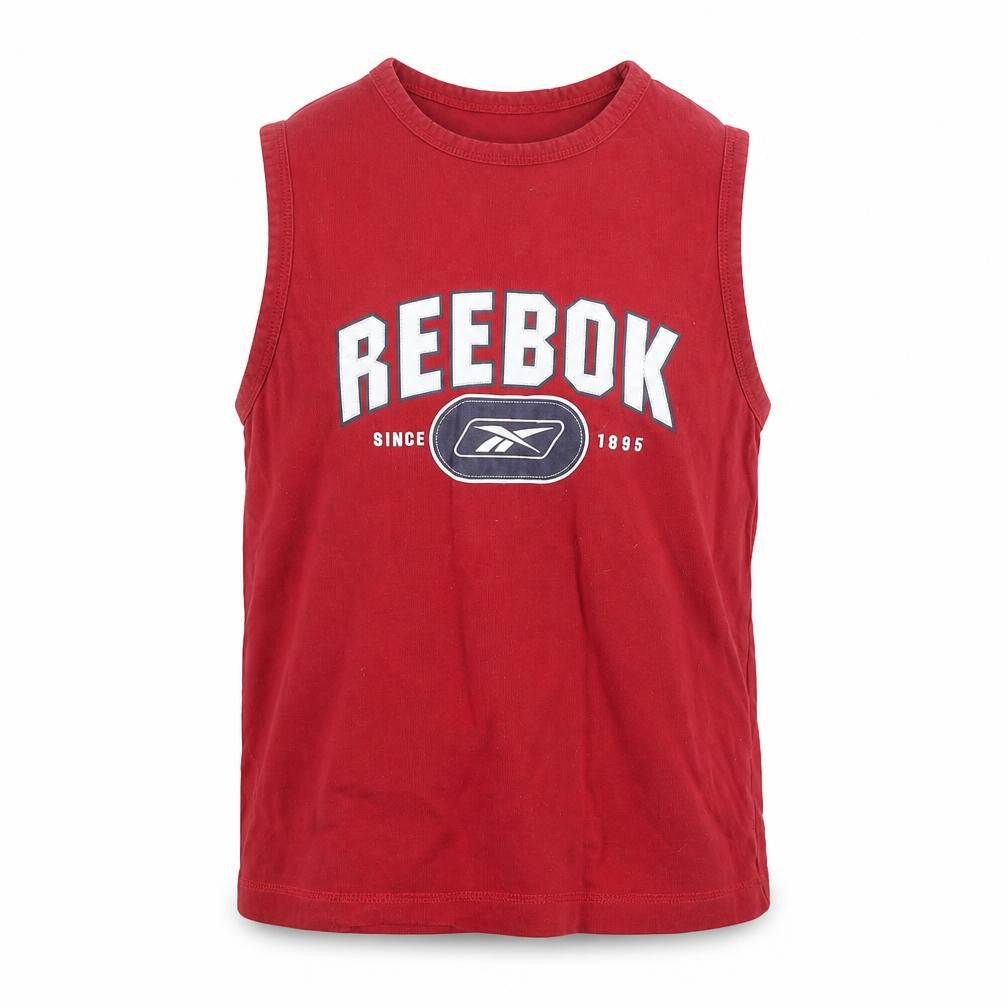 Front view of Reebok boys’ red cotton basic tank, size M, round neck