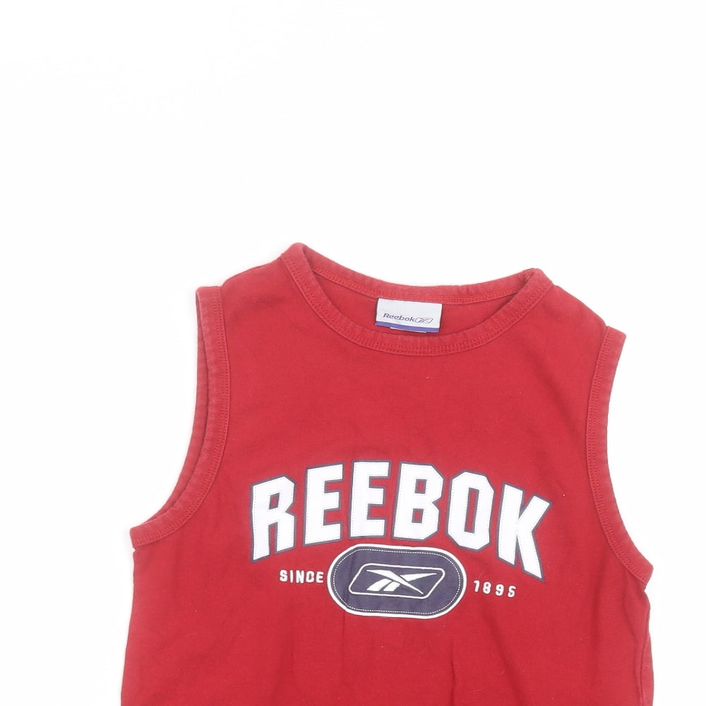 Close-up detail of Reebok boys’ red cotton basic tank, size M, round neck